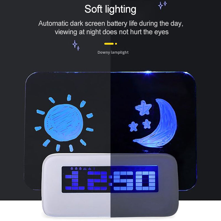 Digital alarm clock message board with blue backlit LCD display and moon sun icons