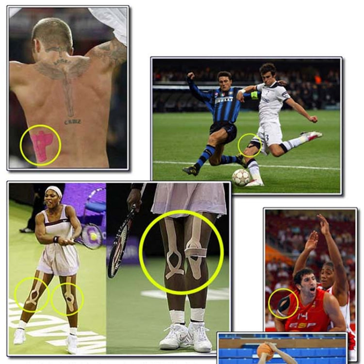 Kinesiology tape placed on athletes' legs and shoulders for muscle support