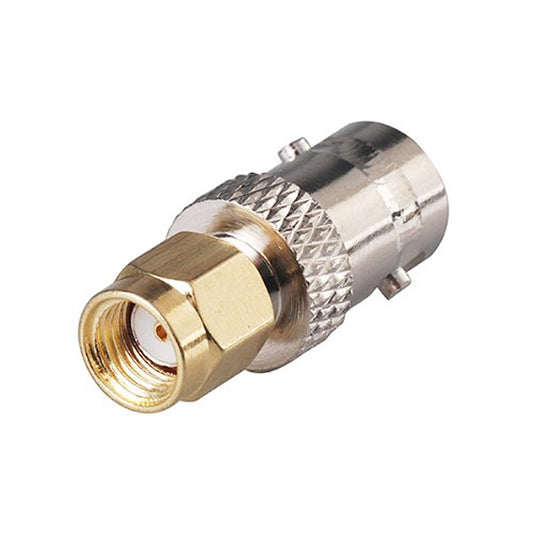 BNC female to RP-SMA female adapter, gold threaded RP-SMA connector and silver housing