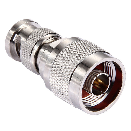 N to BNC male RF adapter, shows BNC connector opening and inner contacts