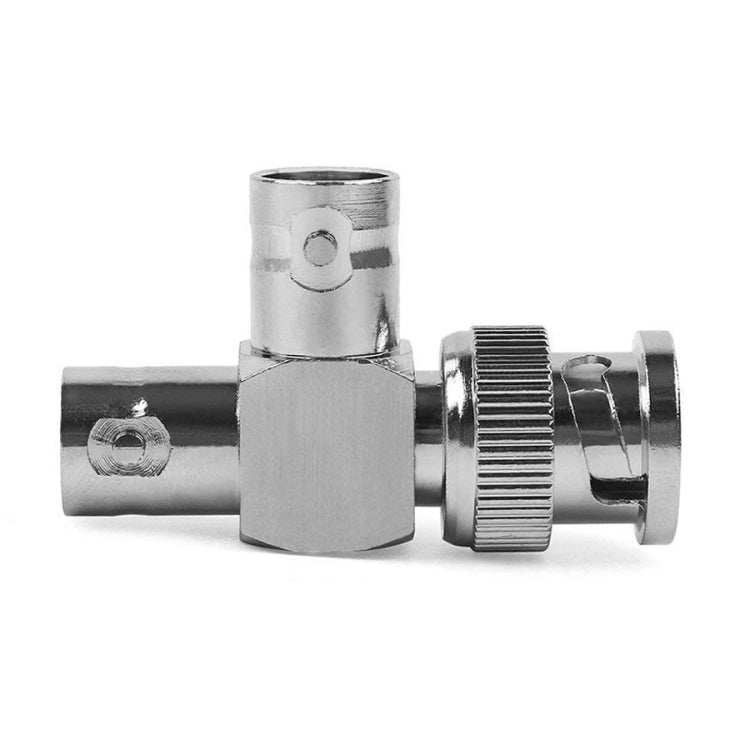 BNC coaxial connector, chrome, male plug and female socket, angled view