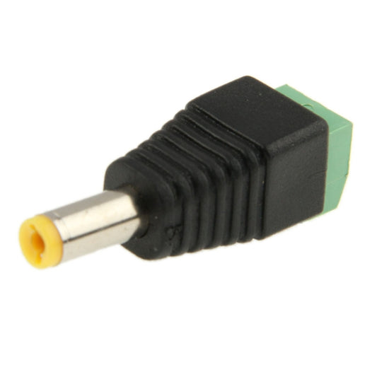 Male DC power connector plug, black housing with green terminal block and silver pin