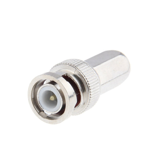 BNC male compression connector with knurled grip ring, silver metal body
