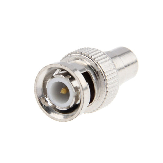 BNC male to RC female coaxial connector, front RC female socket view in chrome metal