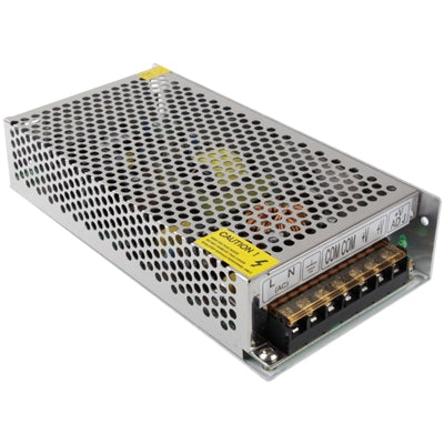 Regulated switching power supply with vented metal body and labeled terminal block
