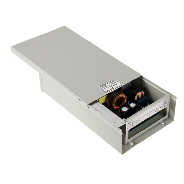 Regulated switching power supply open case with front terminal window and wiring area