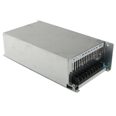 Regulated switching power supply side view with front grille and terminal connectors