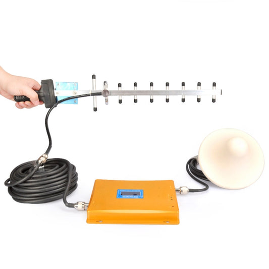 Mobile signal booster kit with orange repeater box, cables, and Yagi antenna