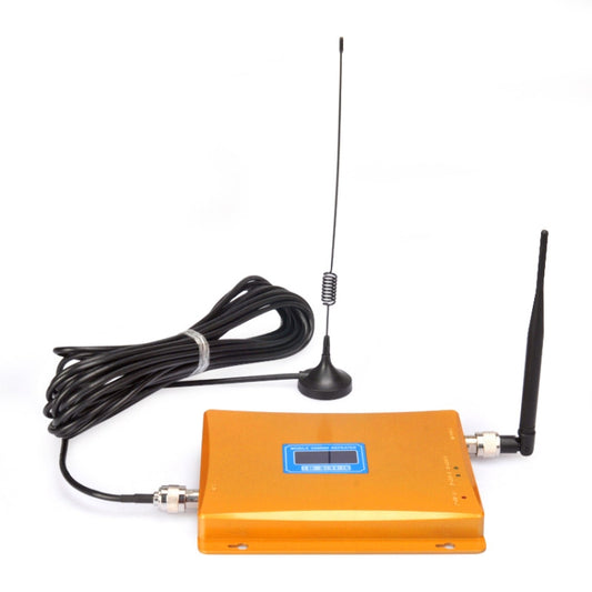 Orange GSM signal repeater with LED display, cable, and suction-mount antenna