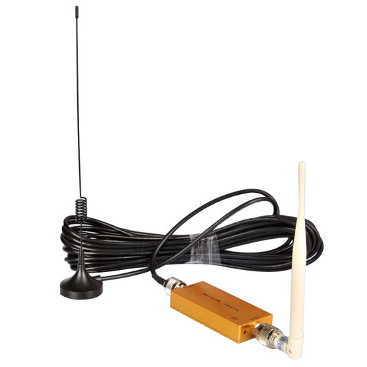 3G signal booster kit with coiled black cable and white sucker antenna