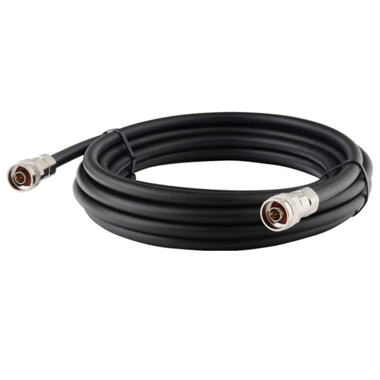 Black N male to N male coax cable with two silver connector ends, coiled