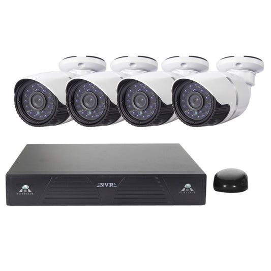 Four white bullet security cameras with black NVR recorder and small sensor puck