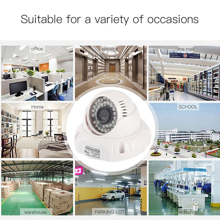 White dome security camera with wide-angle lens and surrounding IR LEDs