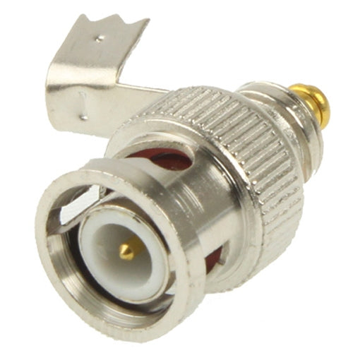 BNC male plug right-angle connector adapter, close-up of metal shell and center pin