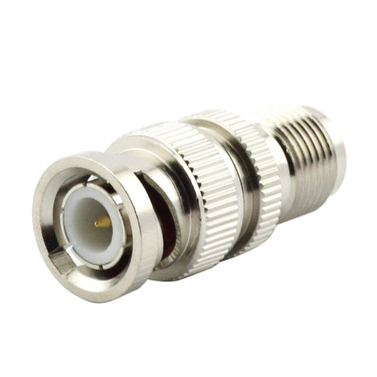 BNC to TNC RF coaxial adapter connector, metal, knurled coupling threads.