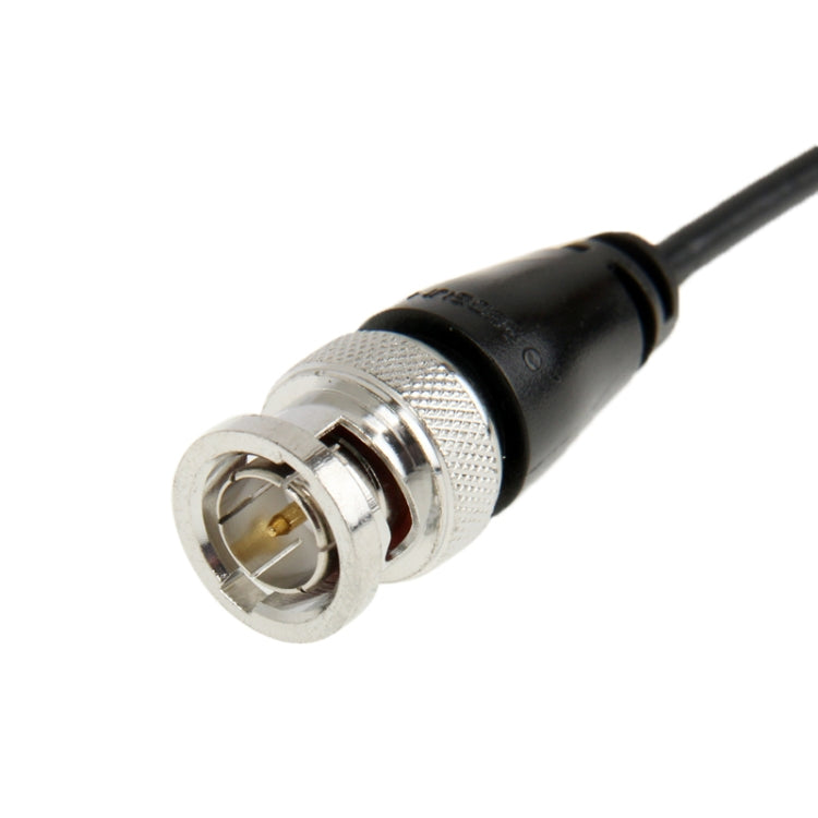 BNC male coax connector with textured silver face on black cable jacket