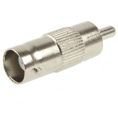 Silver BNC male end to RCA plug, knurled metal housing