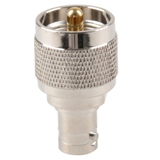 Nickel-plated UHF male to BNC female adapter, BNC socket facing with center pin