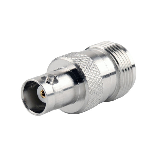 BNC to N RF coaxial adapter connector, chrome-silver metal body with knurled grip