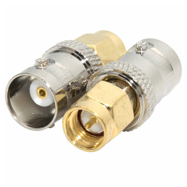 BNC to SMA adapter connector, silver and gold ends with knurled coupling for RF cables