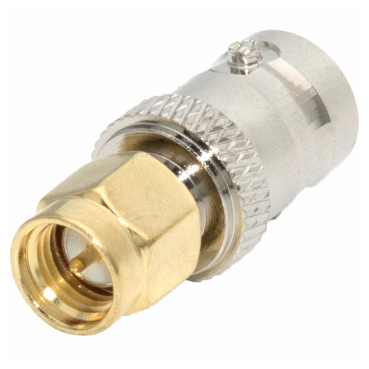 BNC to SMA adapter connector in silver and gold metal with two threaded RF ports