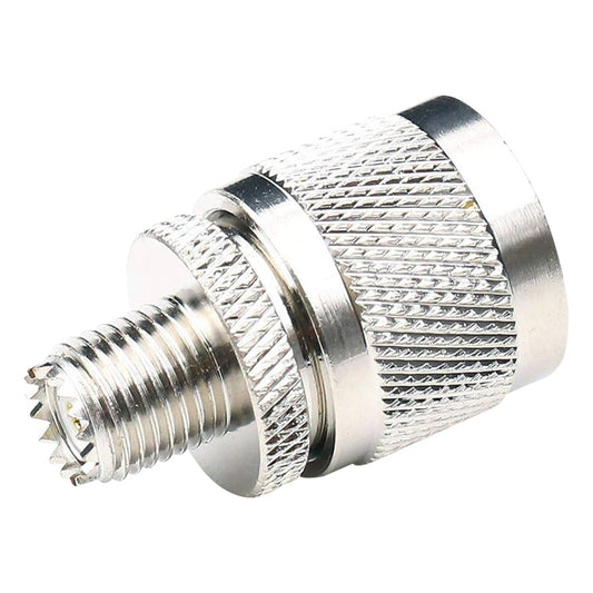 RF coaxial adapter with knurled metal grips and UHF male threaded plug