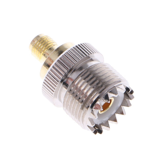RF coaxial UHF female to SMA female connector, silver and gold, threaded ends