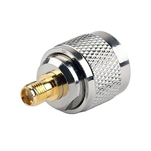 UHF male to SMA female adapter, chrome body with extended gold male connector