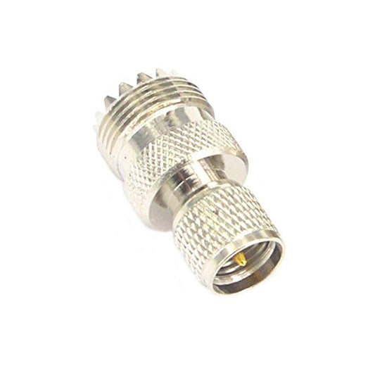 Metal UHF male to UHF female coax adapter, silver, threaded connectors