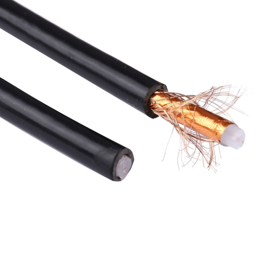 Black coaxial cable cut end with copper center conductor and shielding mesh