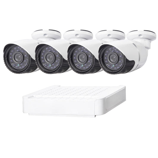 Four white dome security cameras with black lenses and a white NVR recorder unit.