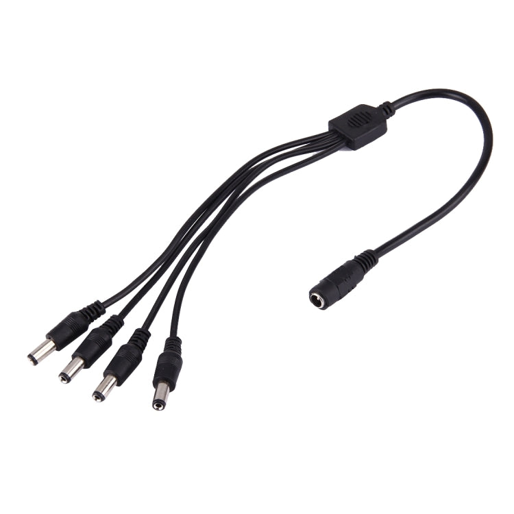 Black DC power splitter cable, 5.5x2.1mm barrel, 1 female to 4 male connectors