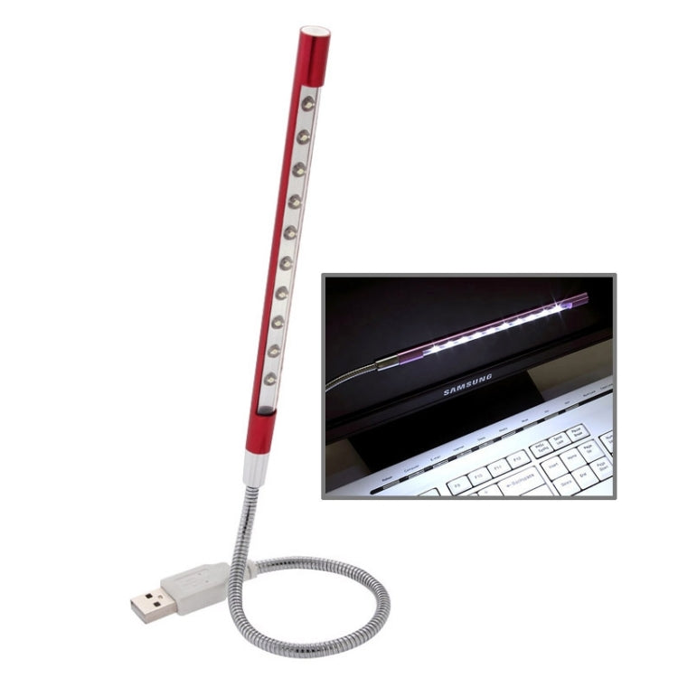 Portable USB LED light bar with red housing and braided charging cable