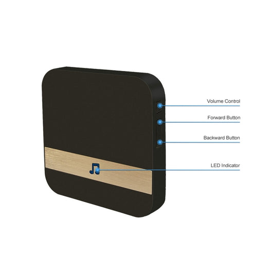 Black wireless doorbell receiver with volume, forward/back buttons and LED indicator