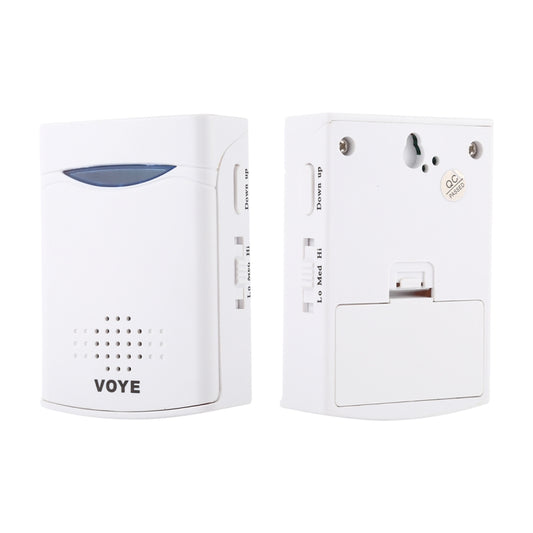 VOYE wireless doorbell receiver shown from side and back, white housing with ports