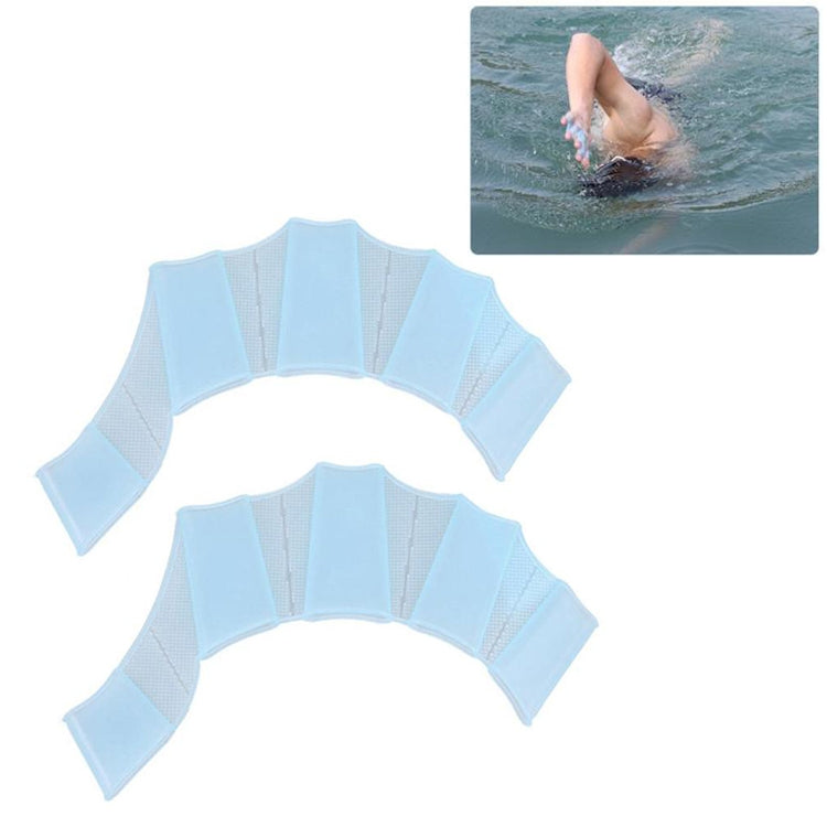 Light blue silicone webbed swimming glove fins with finger paddle panels