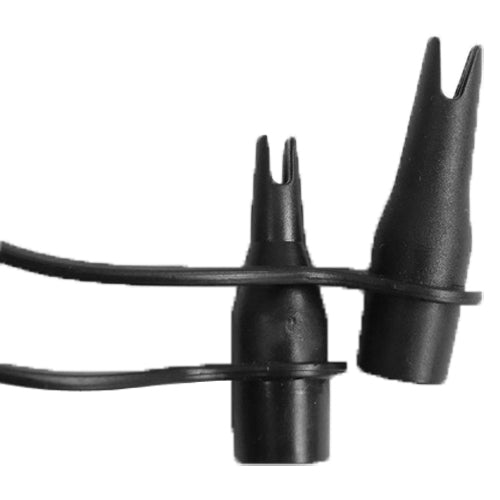 Inflation nozzle and valve connector tips on a double-action air pump, black