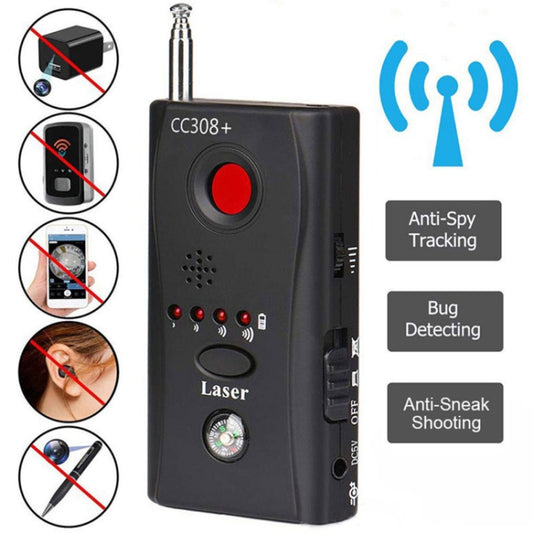Front view of black handheld detector with red power button, laser controls, and antenna