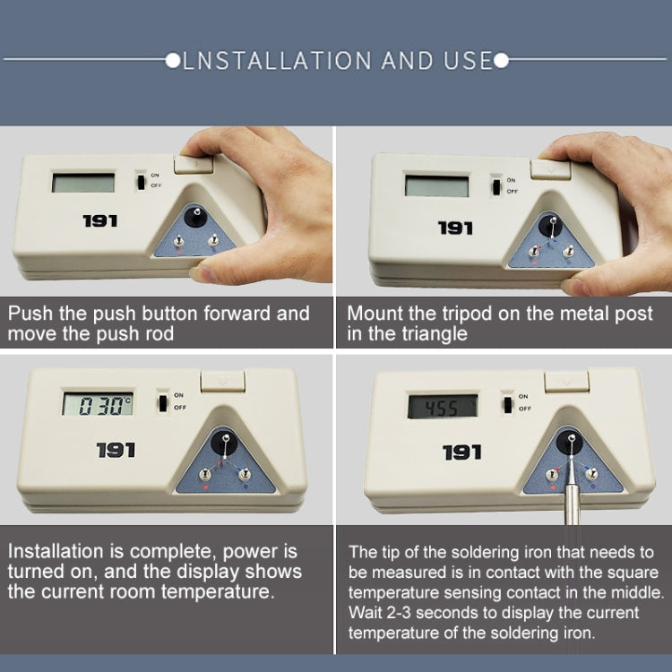 Electric temperature tester in use: hands mount tripod and press button for temperature sensing