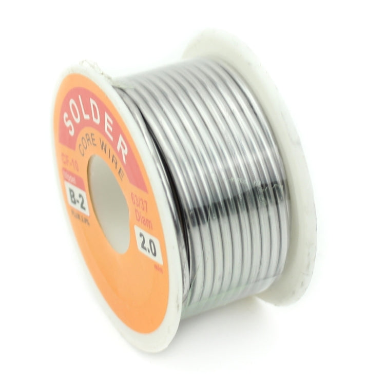 Solder wire spool in side view, orange label indicates 2.0mm solder core with flux
