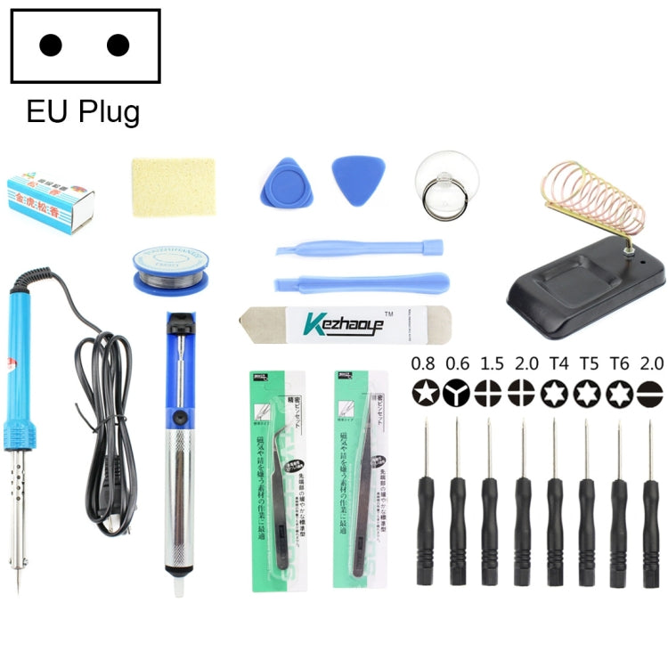 Soldering iron tool set with EU plug, iron pen, solder wire, tips, and electronics tools