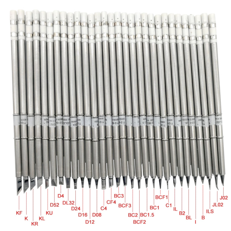 Tray of multiple stainless soldering iron tips with color-coded labels at ends
