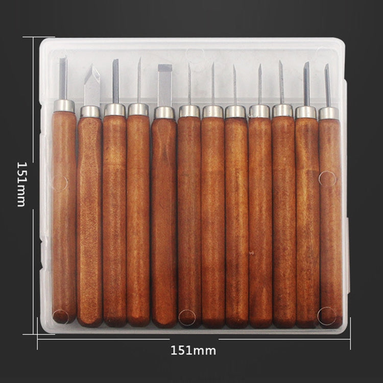 Wood carving chisel knife set in clear case, wooden handles and steel blades.