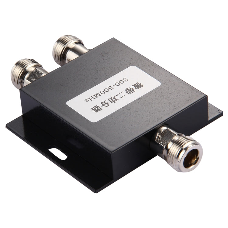 2-way RF power splitter adapter side view with N female connectors and frequency marking