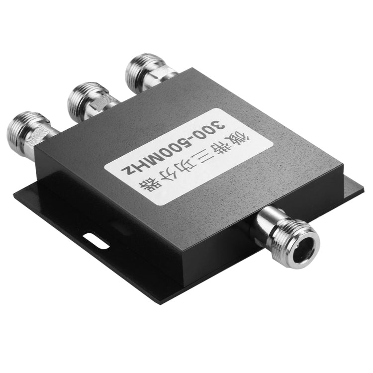 RF microstrip power splitter with black case, threaded coax connectors, and spec sticker