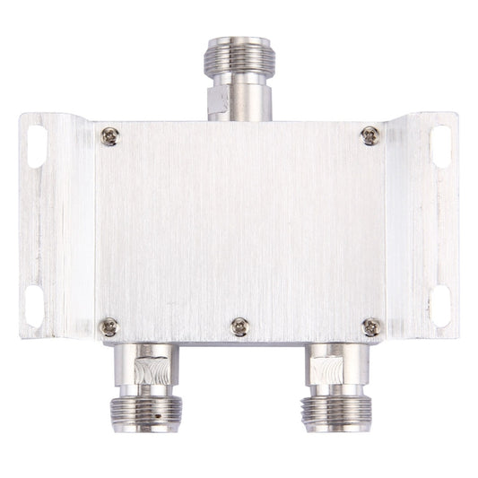 RF 2-way power splitter adapter side view with bracket holes and coax connectors