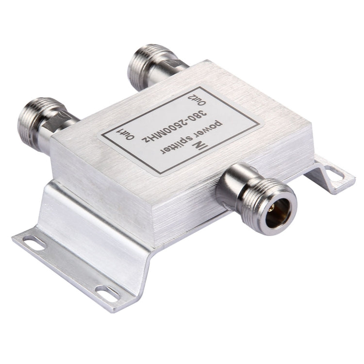 RF 2-way power splitter adapter angled view showing frequency range and female connectors