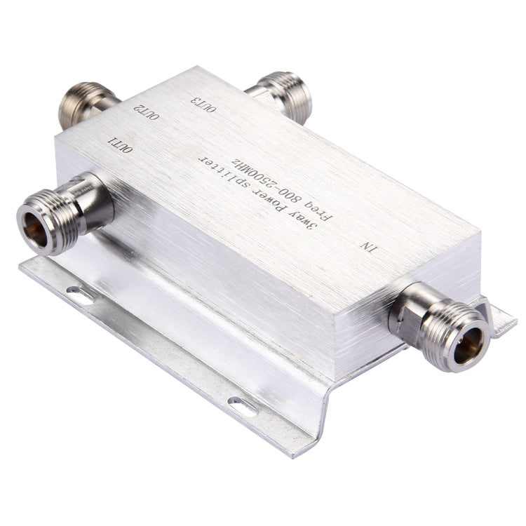 Metal 3-way RF power splitter adapter, N-female connectors on sides, stamped specs panel