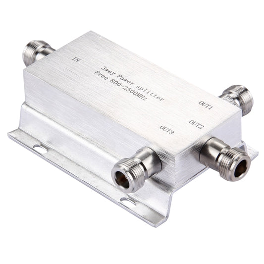 3-way RF power splitter adapter with N-female ports, IN and OUT1–OUT3, metal housing
