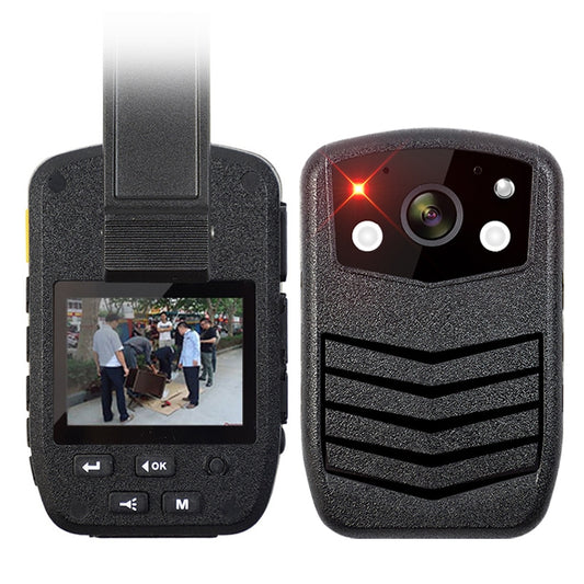 Mini body-worn DVR with front screen and rear camera lens, black textured case